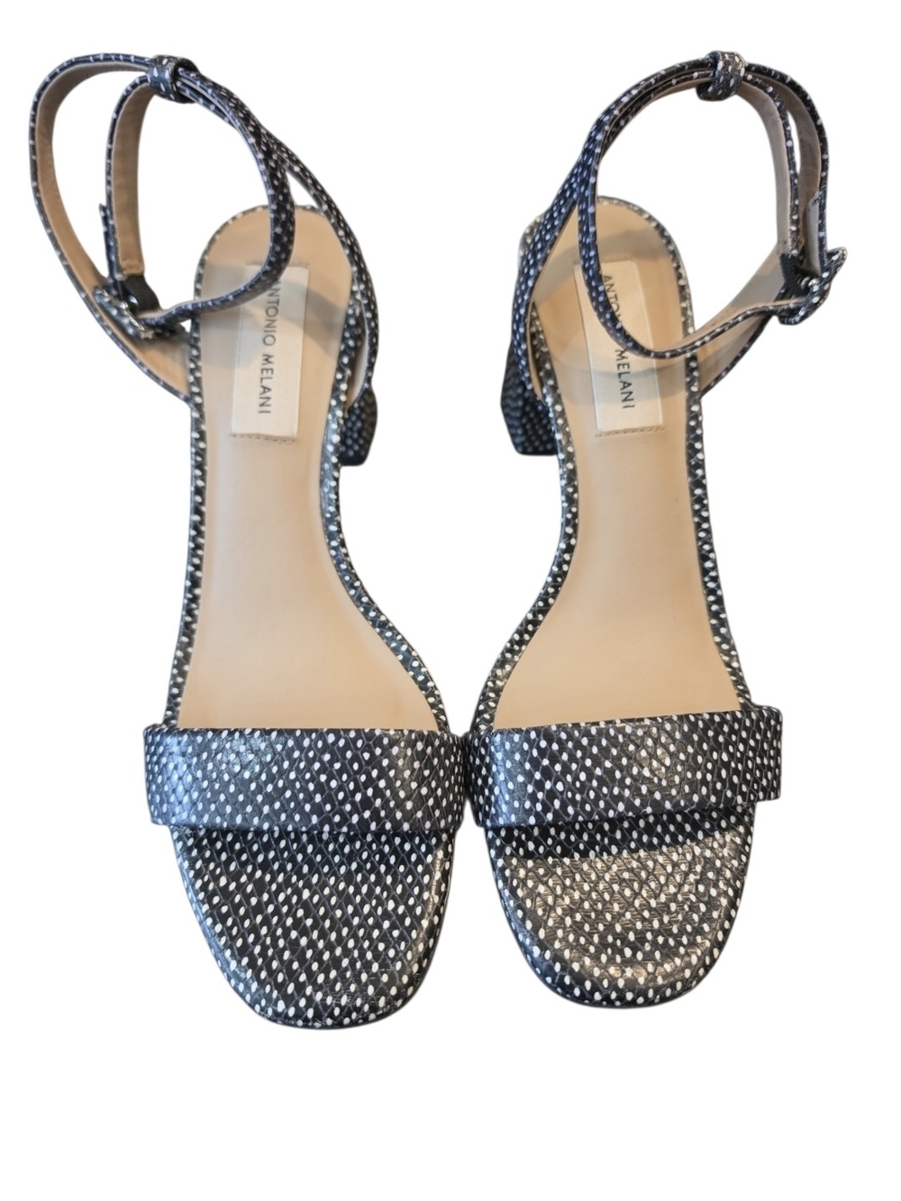 Antonio Melani Black/Silver Ankle-Strap Block Heel Sandals
